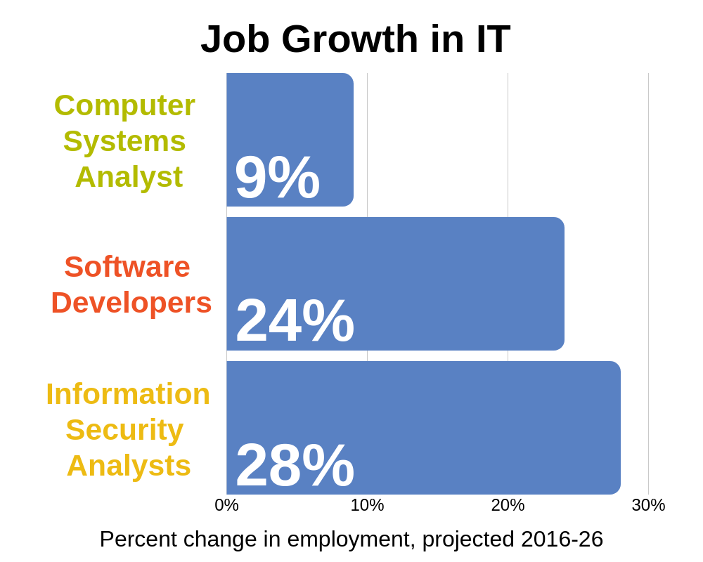 This infographic demonstrates the percentages of job growth in three jobs in IT: Computer Systems Analyst, Software Developer, and Information Security Analysis.
